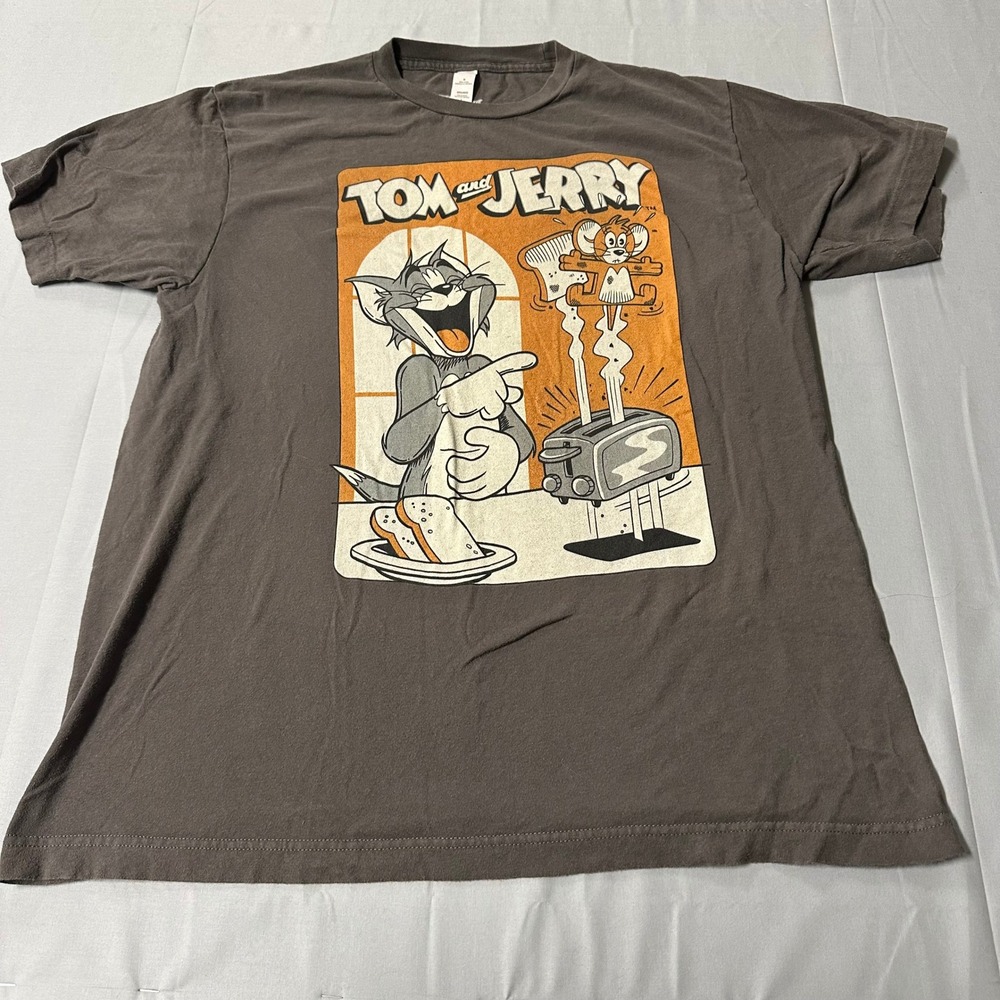 Tom and Jerry Graphic Tee Mens Large Charcoal Gray Toaster Scene Cotton T-Shirt
